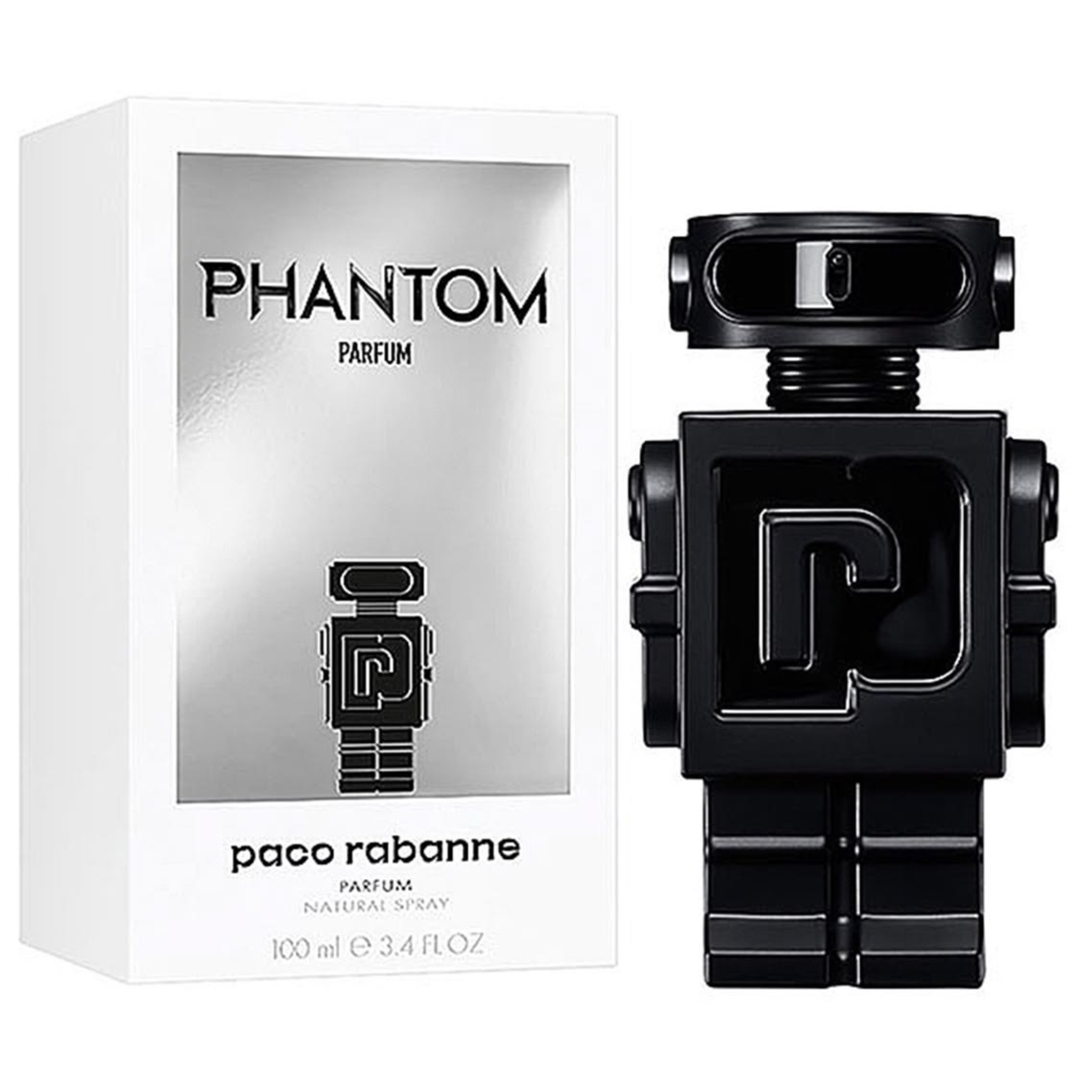 Rabanne Phantom Parfum robot-inspired black bottle and box