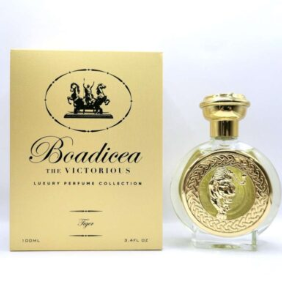 Boadicea the Victorious Tiger Pure Parfum 100 ml bottle with gold medallion and box