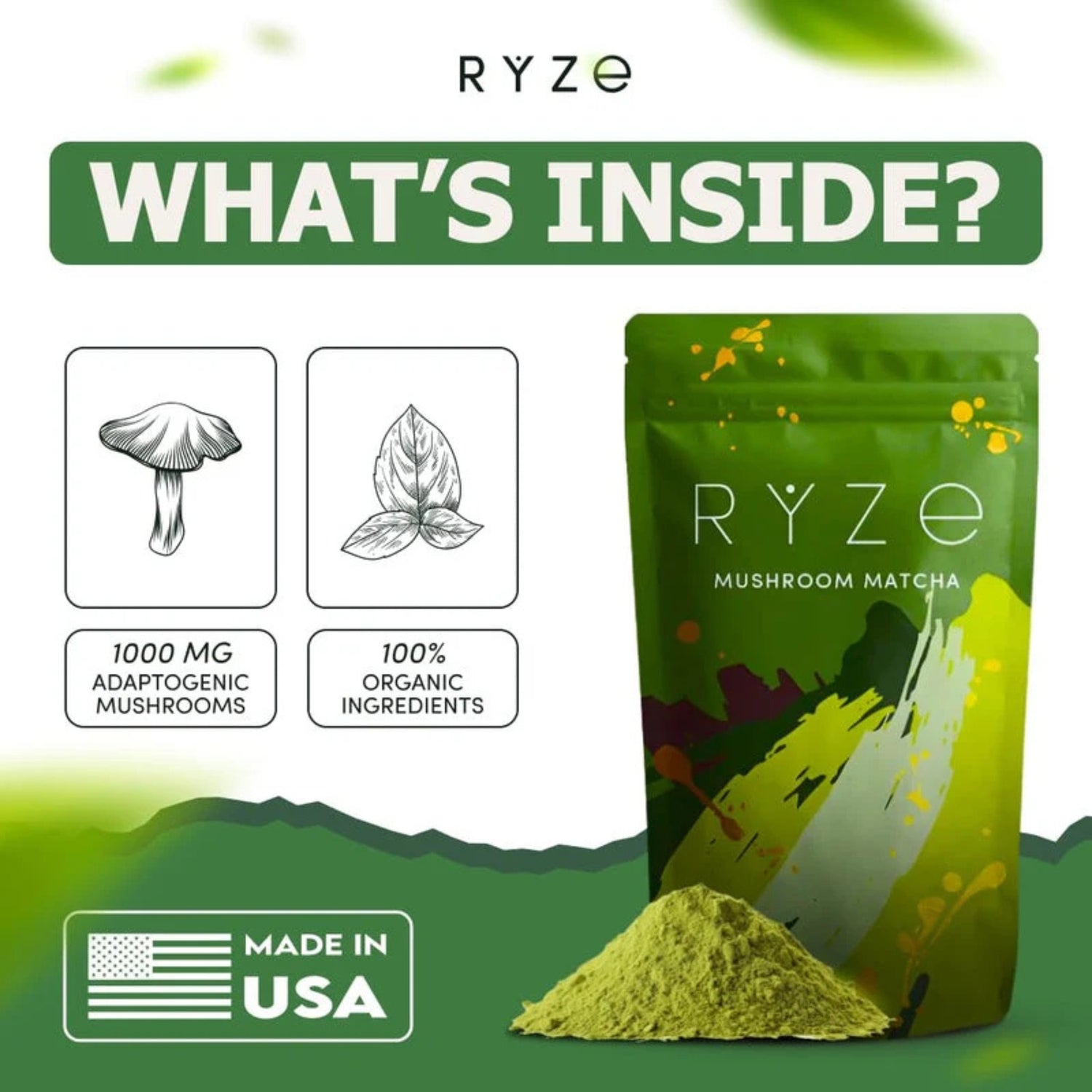 RYZE Mushroom Matcha 30 Servings, Ceremonial Grade Organic